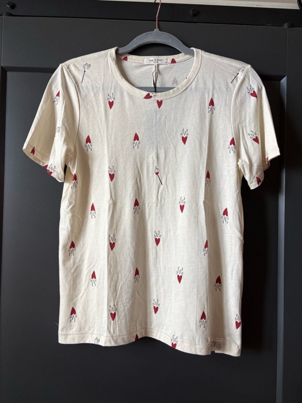 NWT rag & bone Cream Tee with Red Flaming Heart Print